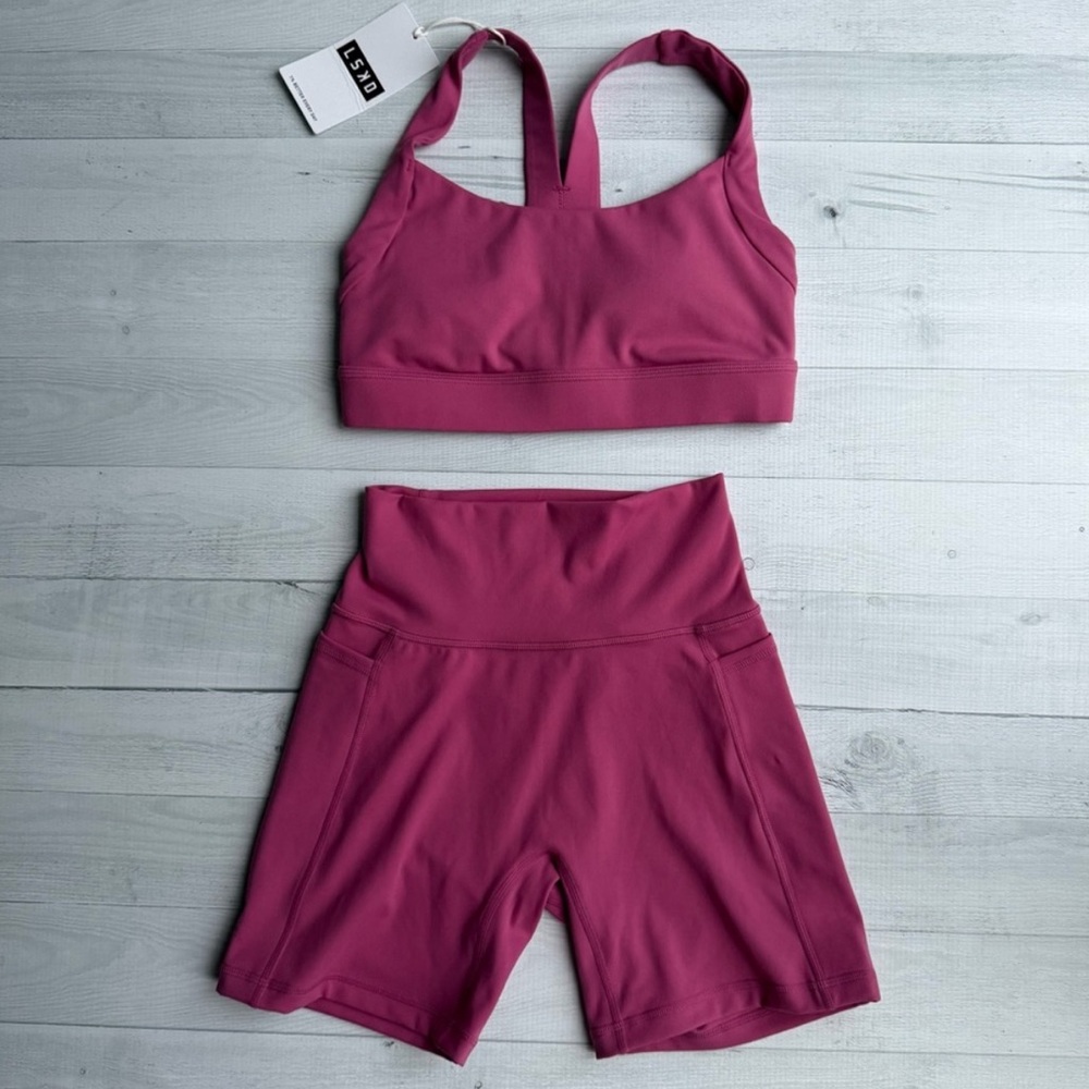 LSKD Mauve Advance Sports Bra & Fusion Ultra High Rise 6” Short w/Pockets Set S